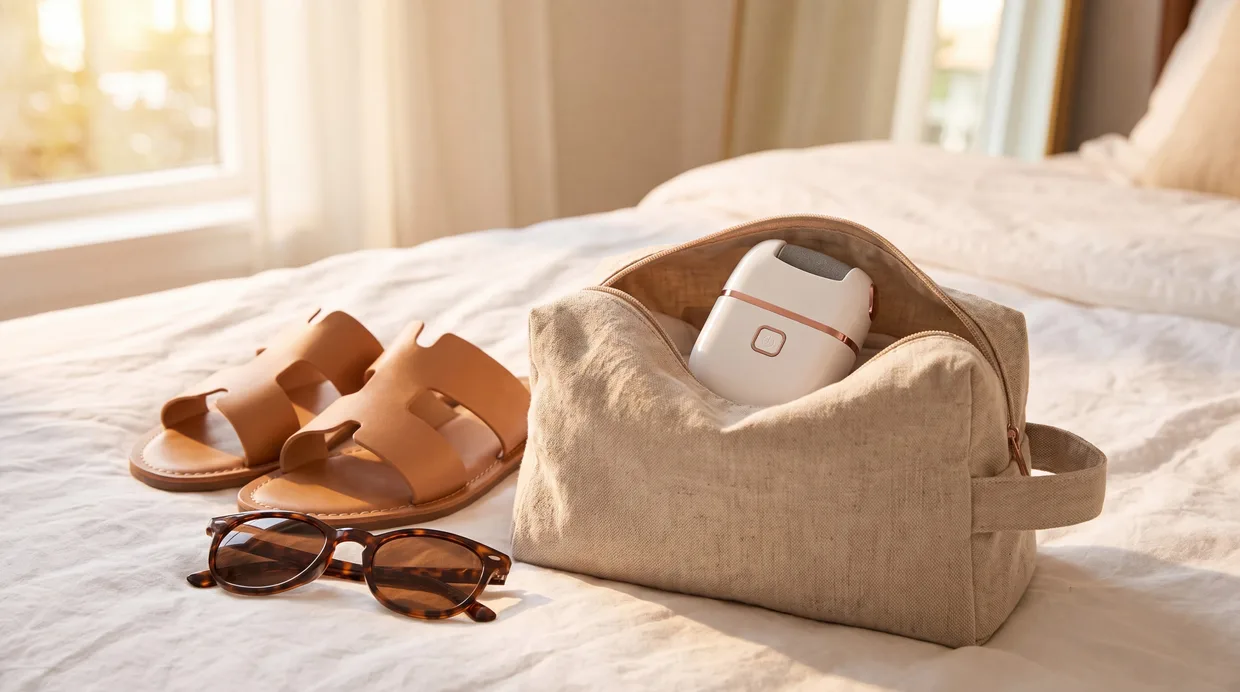 SmoothSole packed in a travel toiletry bag next to summer sandals